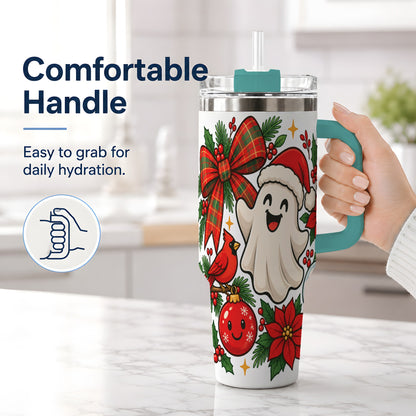#pl[40oz|Green] Christmas Ghost 40oz Tumbler, Festive Floral Winter Artwork