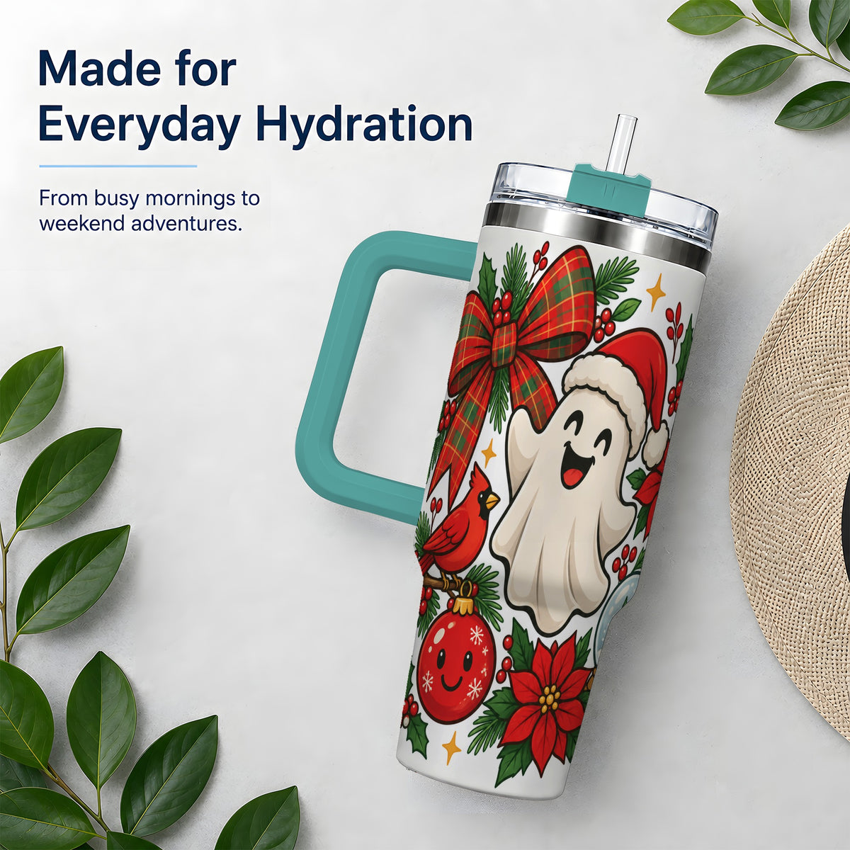 #pl[40oz|Green] Christmas Ghost 40oz Tumbler, Festive Floral Winter Artwork