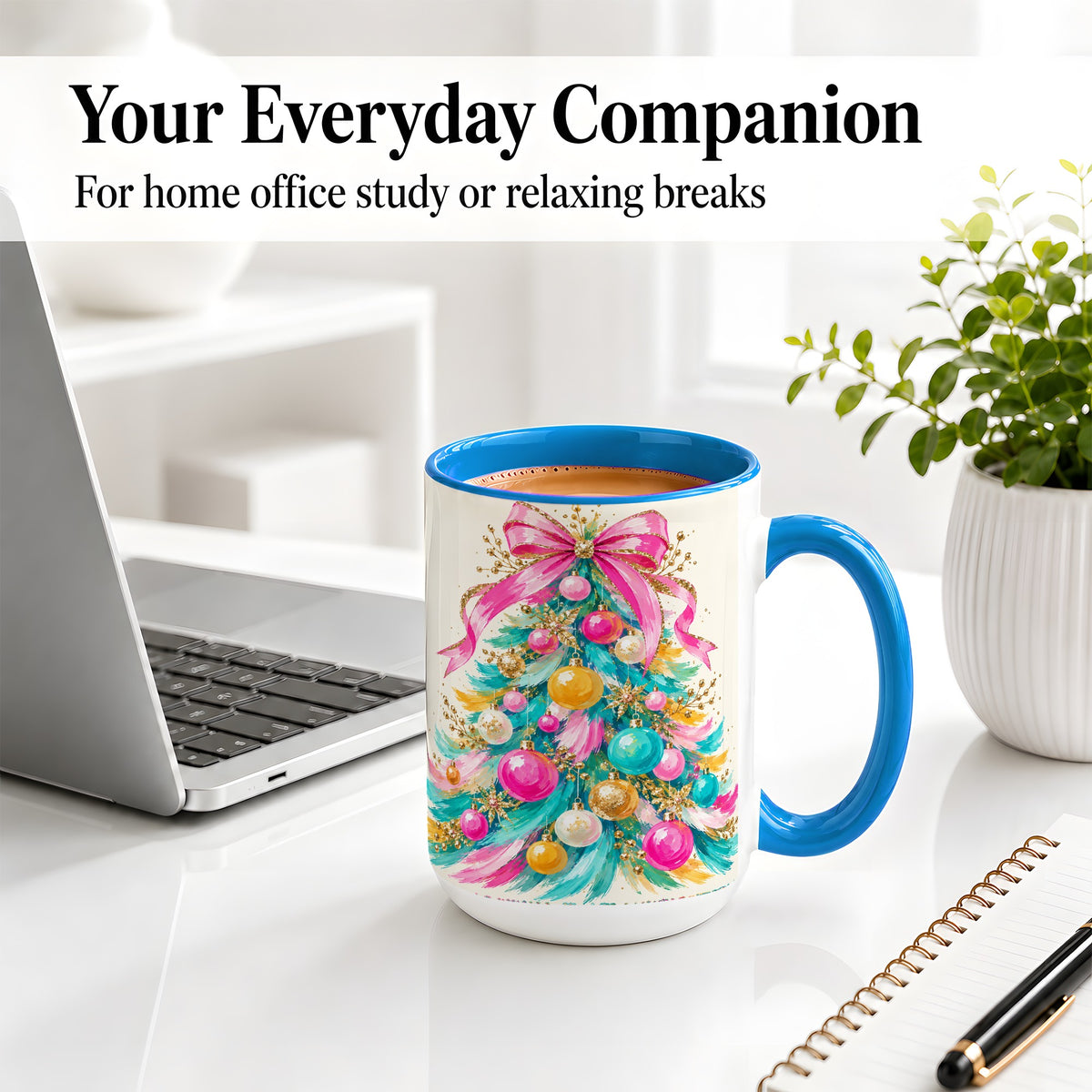 #pl[15oz|Blue] Pink Bow Christmas Tree Ceramic Mug, Colorful Holiday Artwork