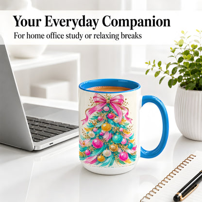 #pl[15oz|Blue] Pink Bow Christmas Tree Ceramic Mug, Colorful Holiday Artwork