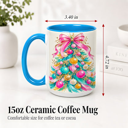 #pl[15oz|Blue] Pink Bow Christmas Tree Ceramic Mug, Colorful Holiday Artwork
