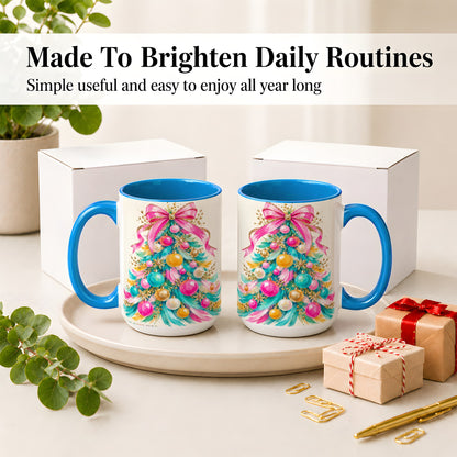 #pl[15oz|Blue] Pink Bow Christmas Tree Ceramic Mug, Colorful Holiday Artwork