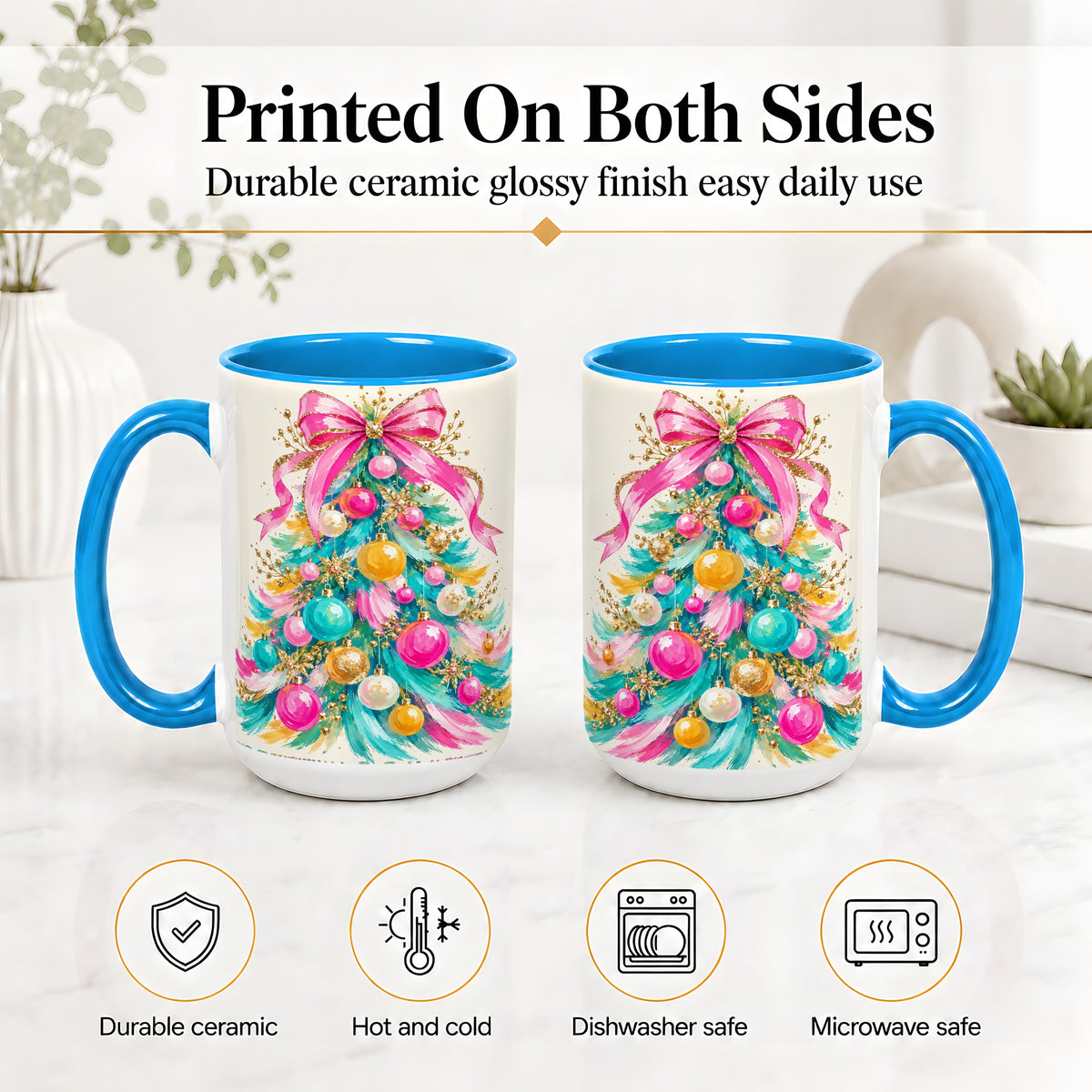 #pl[15oz|Blue] Pink Bow Christmas Tree Ceramic Mug, Colorful Holiday Artwork
