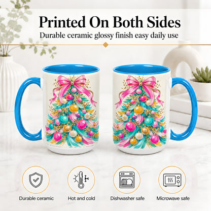 #pl[15oz|Blue] Pink Bow Christmas Tree Ceramic Mug, Colorful Holiday Artwork