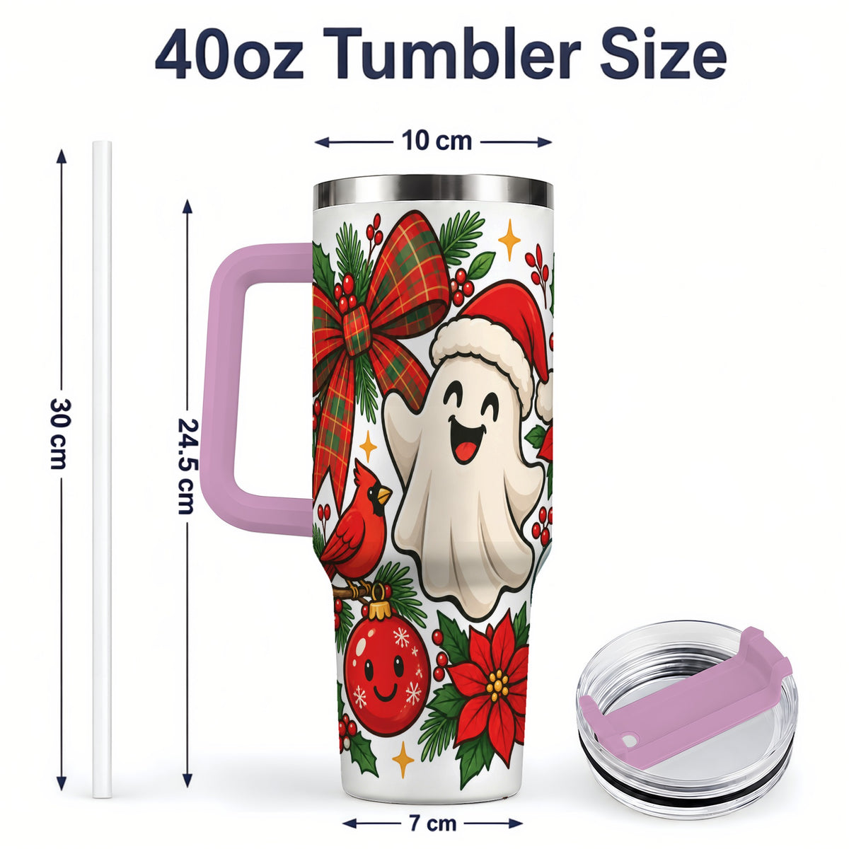 #pl[40oz|Pink] Christmas Ghost 40oz Tumbler, Festive Floral Winter Artwork