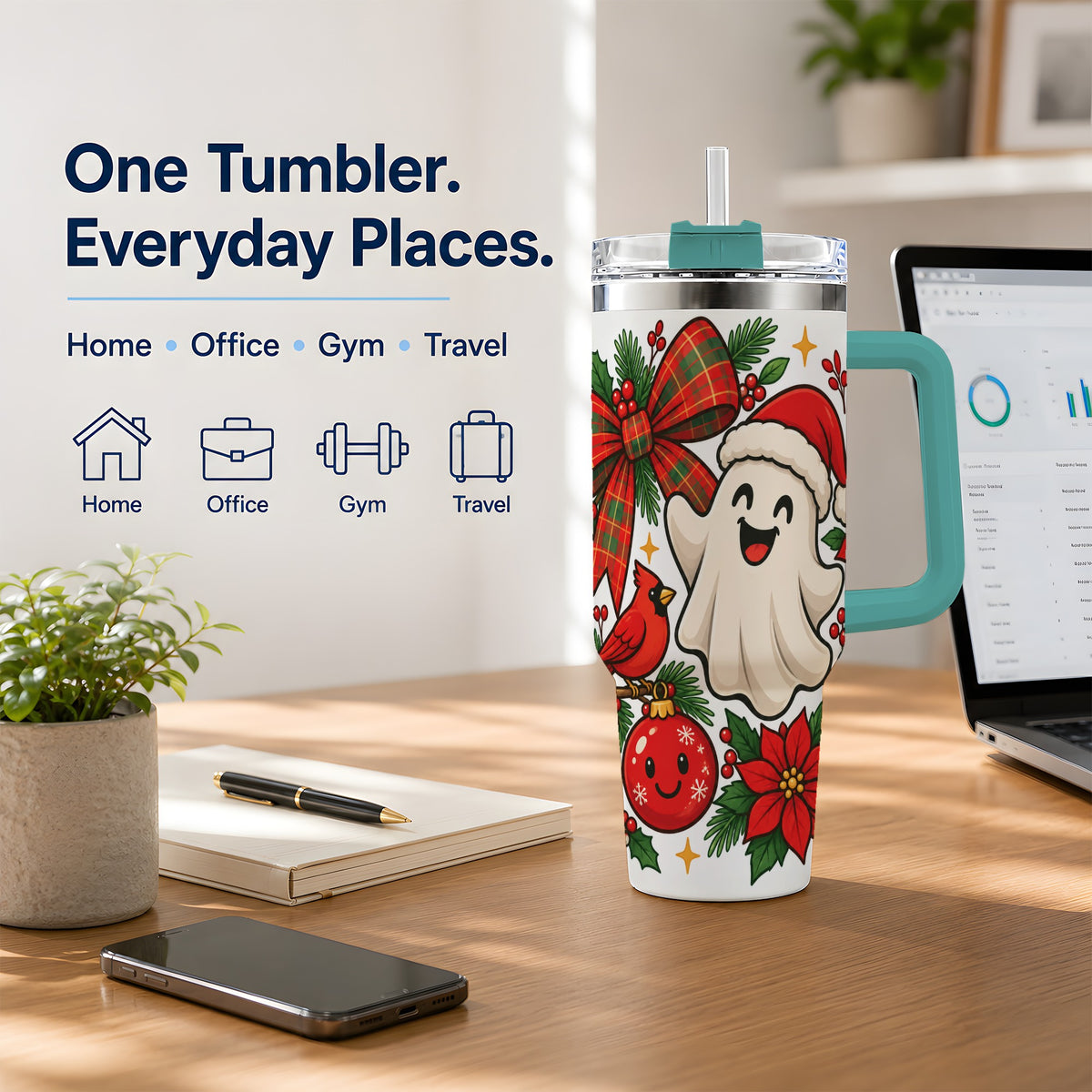 #pl[40oz|Green] Christmas Ghost 40oz Tumbler, Festive Floral Winter Artwork