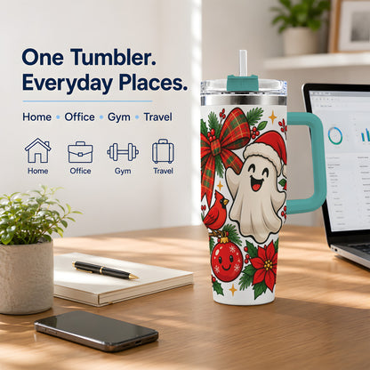 #pl[40oz|Green] Christmas Ghost 40oz Tumbler, Festive Floral Winter Artwork