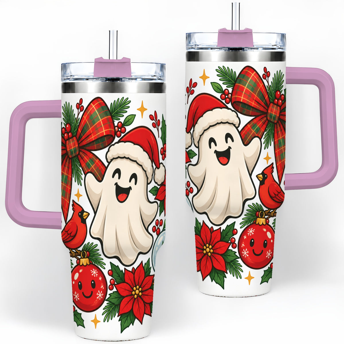 #pl[40oz|Pink] Christmas Ghost 40oz Tumbler, Festive Floral Winter Artwork