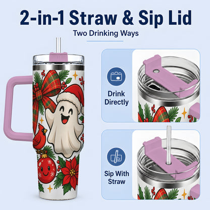 #pl[40oz|Pink] Christmas Ghost 40oz Tumbler, Festive Floral Winter Artwork