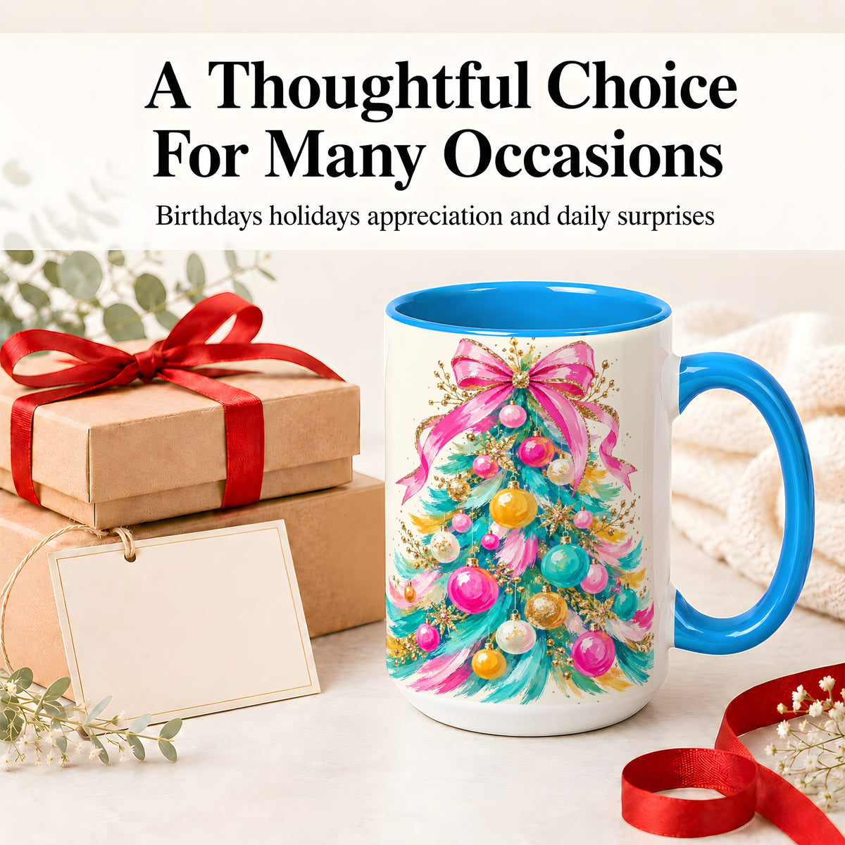 #pl[15oz|Blue] Pink Bow Christmas Tree Ceramic Mug, Colorful Holiday Artwork