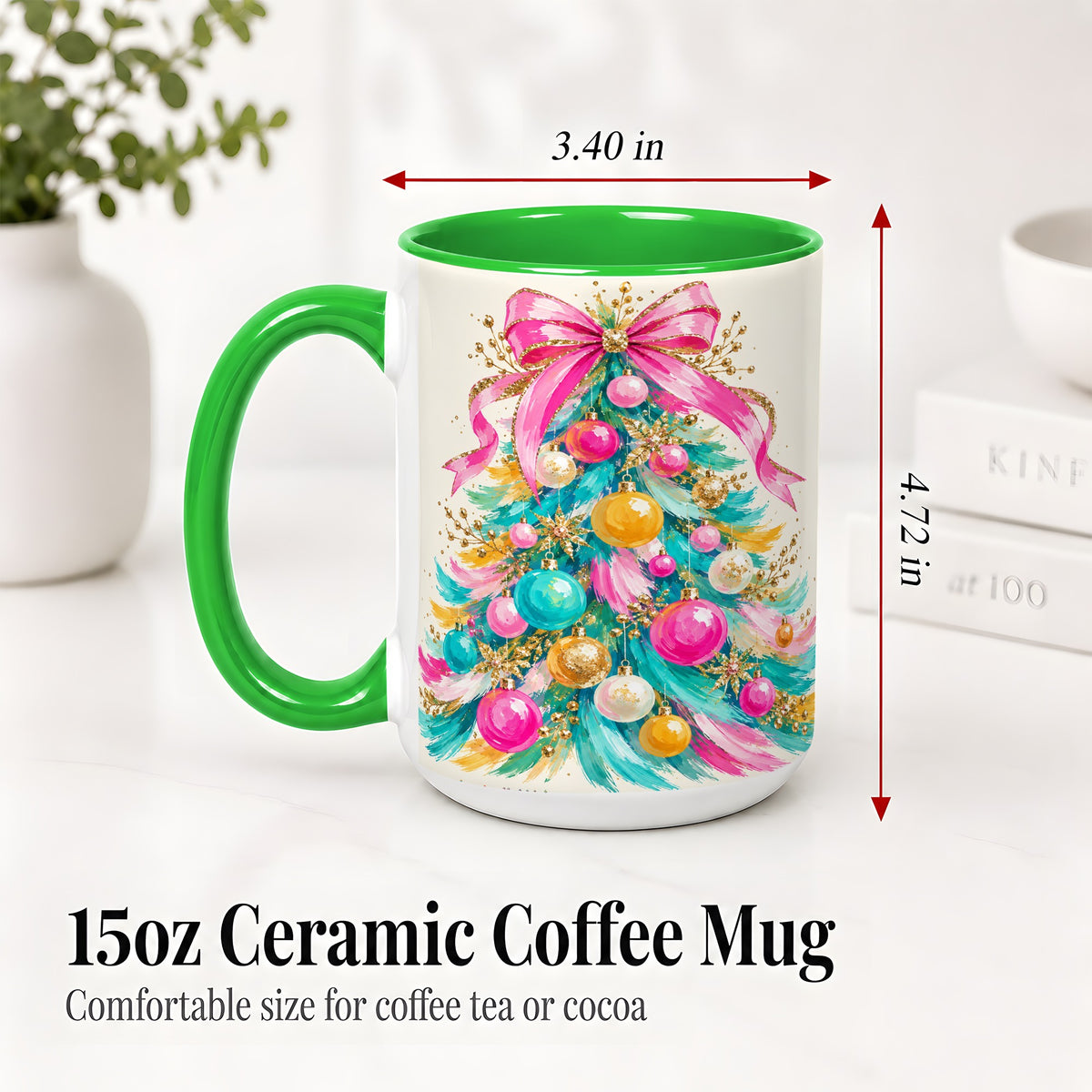 #pl[15oz|Green] Pink Bow Christmas Tree Ceramic Mug, Colorful Holiday Artwork
