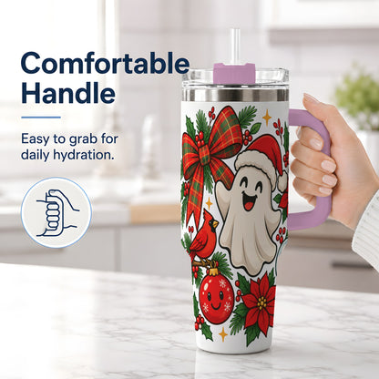 #pl[40oz|Pink] Christmas Ghost 40oz Tumbler, Festive Floral Winter Artwork