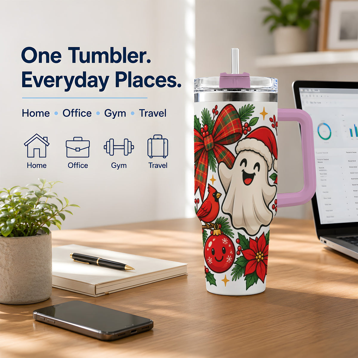 #pl[40oz|Pink] Christmas Ghost 40oz Tumbler, Festive Floral Winter Artwork