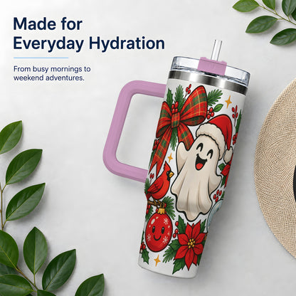 #pl[40oz|Pink] Christmas Ghost 40oz Tumbler, Festive Floral Winter Artwork