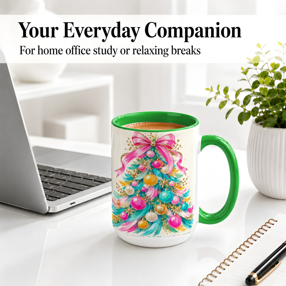 #pl[15oz|Green] Pink Bow Christmas Tree Ceramic Mug, Colorful Holiday Artwork