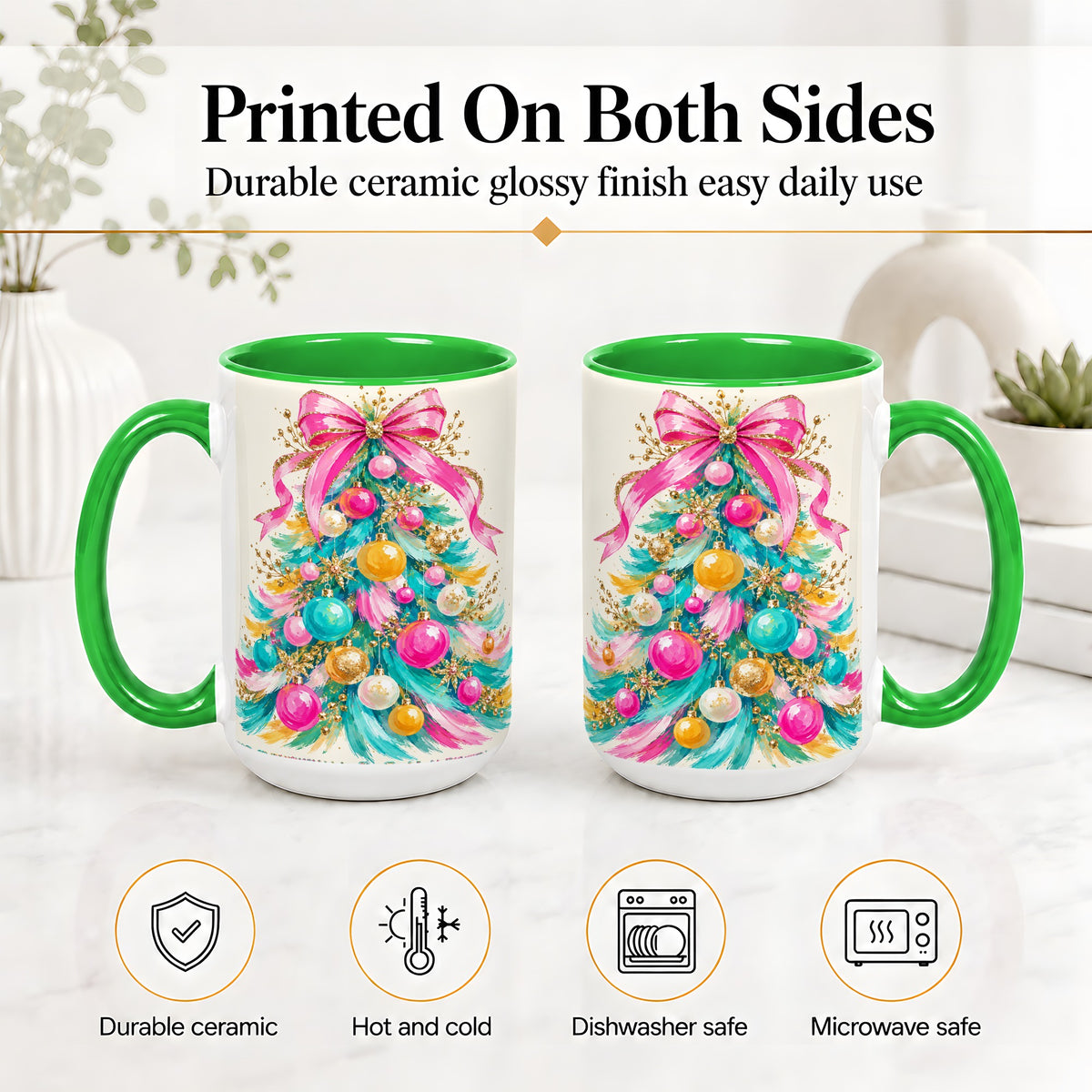 #pl[15oz|Green] Pink Bow Christmas Tree Ceramic Mug, Colorful Holiday Artwork