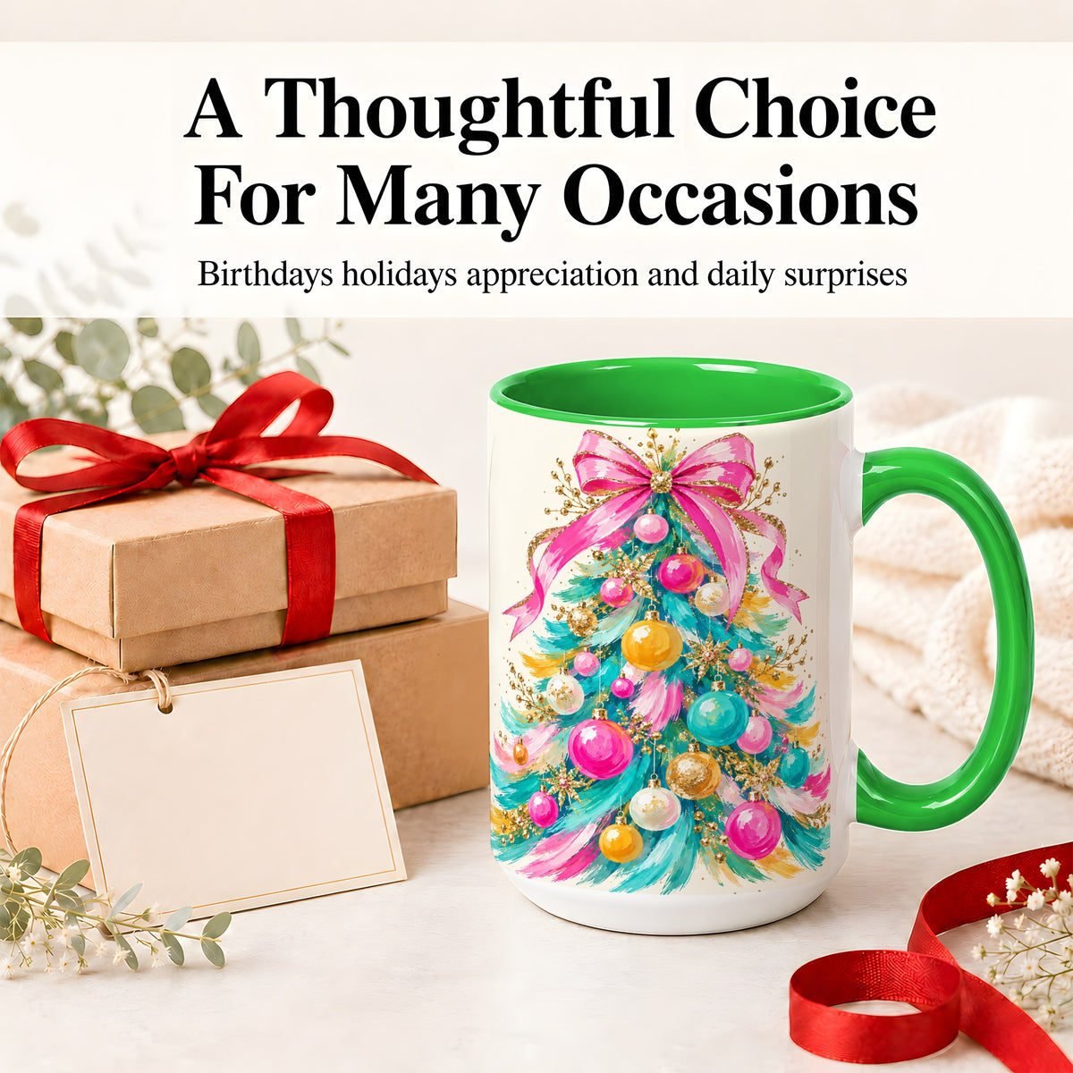 #pl[15oz|Green] Pink Bow Christmas Tree Ceramic Mug, Colorful Holiday Artwork