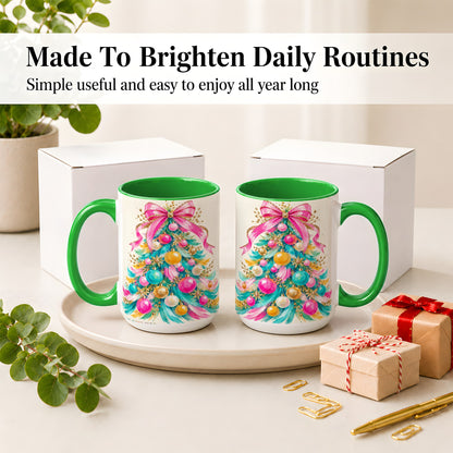 #pl[15oz|Green] Pink Bow Christmas Tree Ceramic Mug, Colorful Holiday Artwork