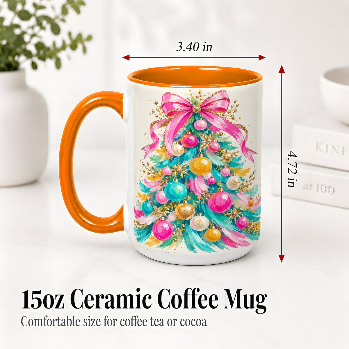#pl[15oz|Orange] Pink Bow Christmas Tree Ceramic Mug, Colorful Holiday Artwork