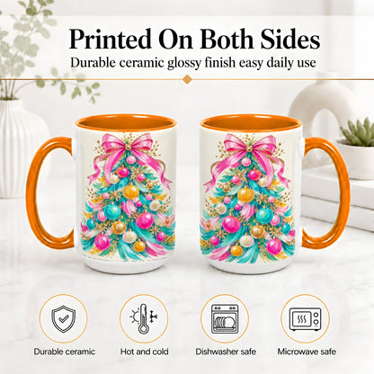 #pl[15oz|Orange] Pink Bow Christmas Tree Ceramic Mug, Colorful Holiday Artwork