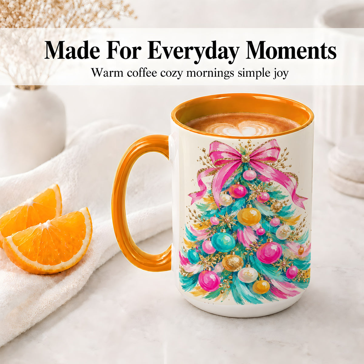 #pl[15oz|Orange] Pink Bow Christmas Tree Ceramic Mug, Colorful Holiday Artwork