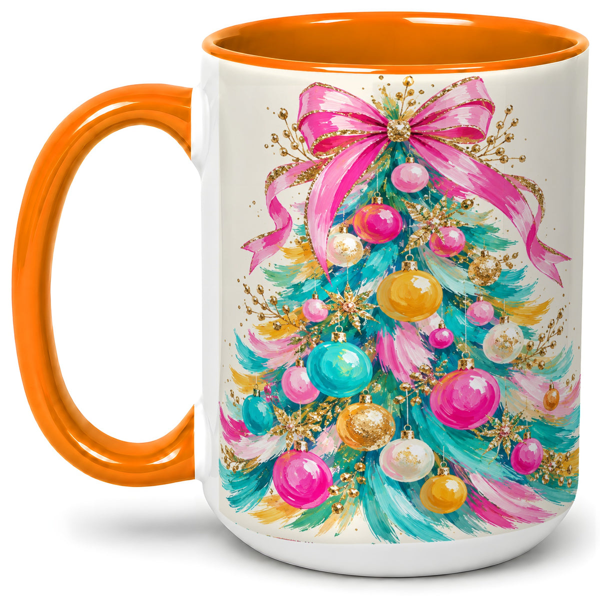 #pl[15oz|Orange] Pink Bow Christmas Tree Ceramic Mug, Colorful Holiday Artwork