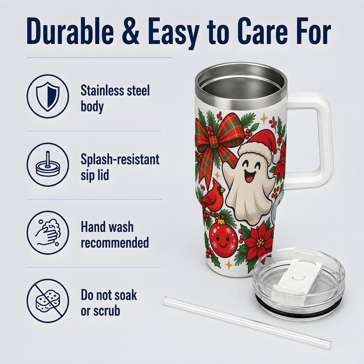 #pl[40oz|White] Christmas Ghost 40oz Tumbler, Festive Floral Winter Artwork