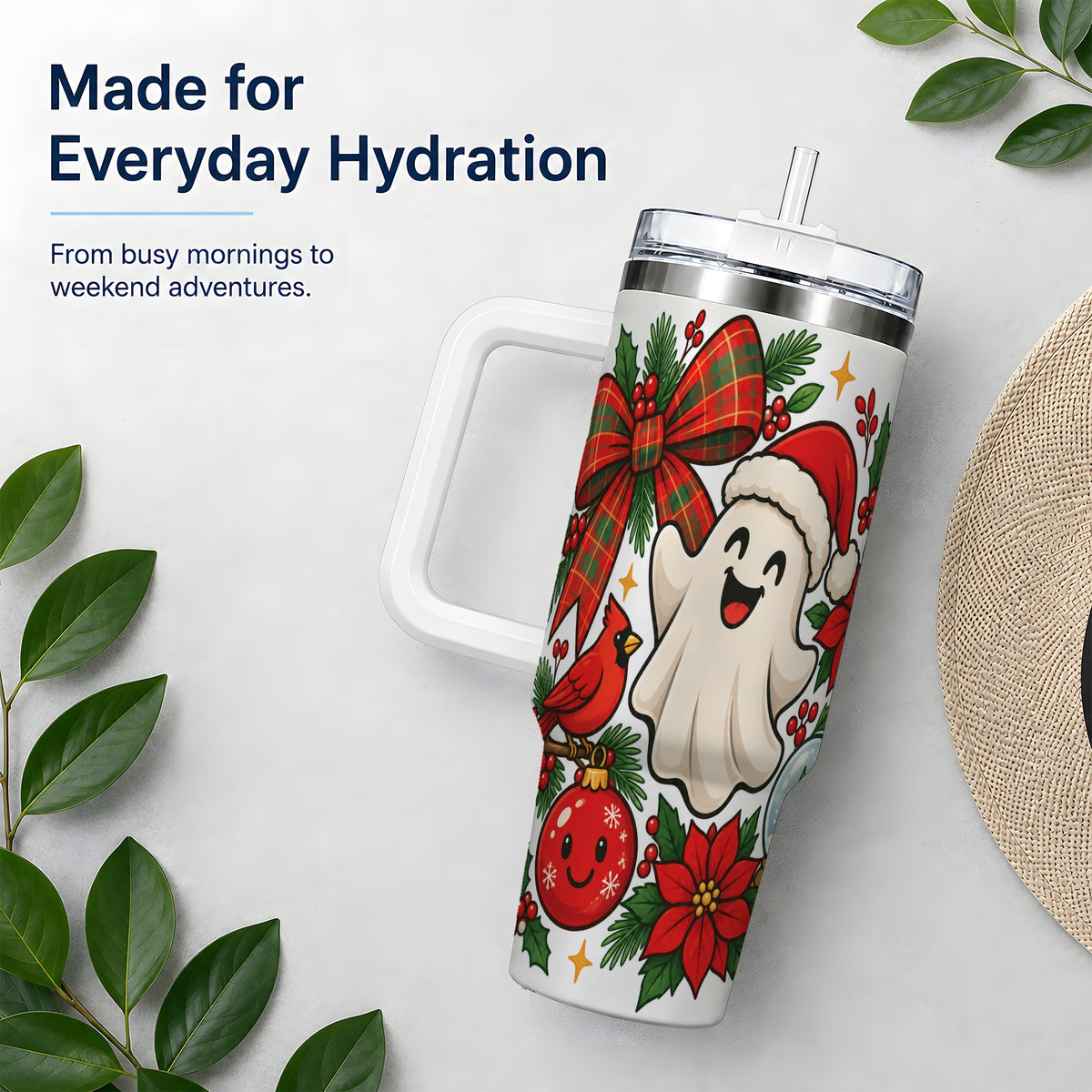 #pl[40oz|White] Christmas Ghost 40oz Tumbler, Festive Floral Winter Artwork