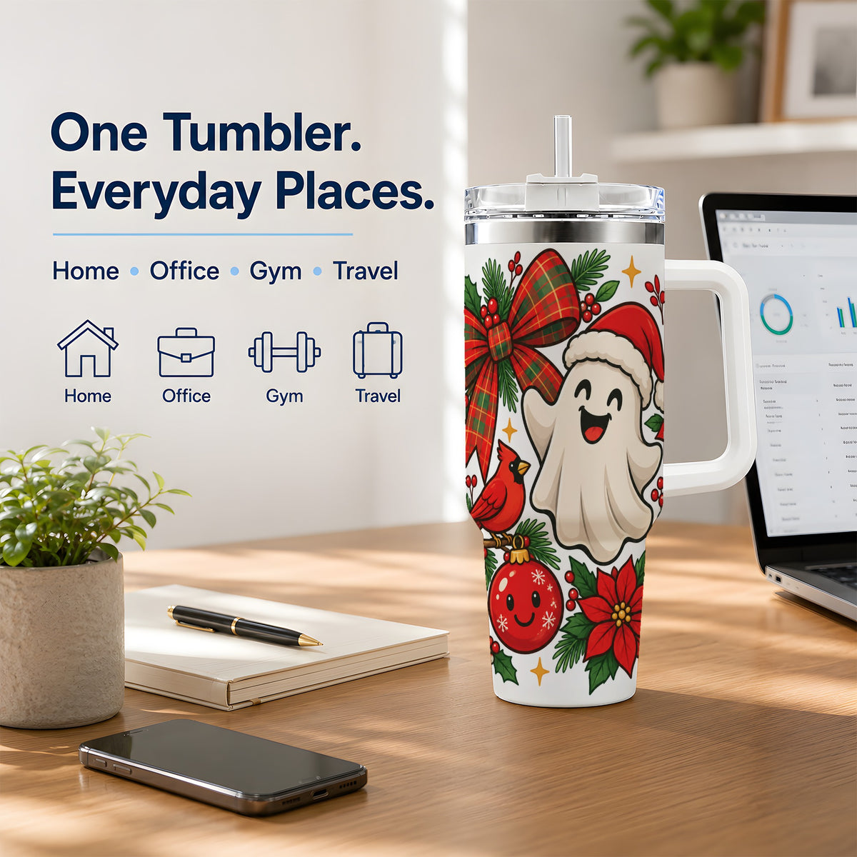 #pl[40oz|White] Christmas Ghost 40oz Tumbler, Festive Floral Winter Artwork