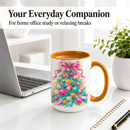 #pl[15oz|Orange] Pink Bow Christmas Tree Ceramic Mug, Colorful Holiday Artwork