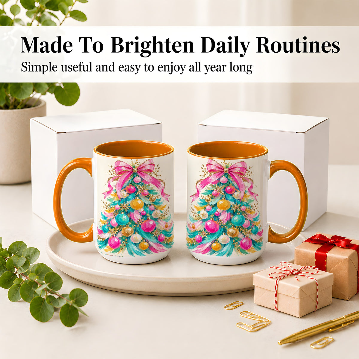 #pl[15oz|Orange] Pink Bow Christmas Tree Ceramic Mug, Colorful Holiday Artwork