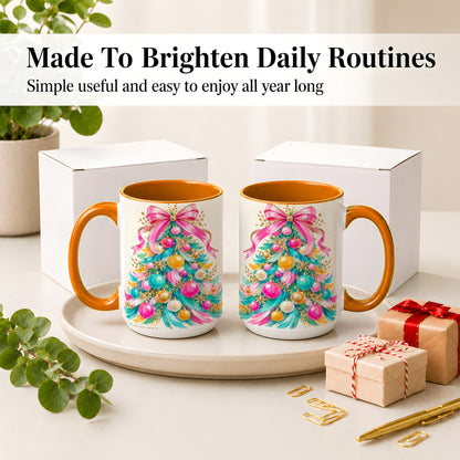 #pl[15oz|Orange] Pink Bow Christmas Tree Ceramic Mug, Colorful Holiday Artwork
