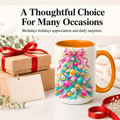 #pl[15oz|Orange] Pink Bow Christmas Tree Ceramic Mug, Colorful Holiday Artwork