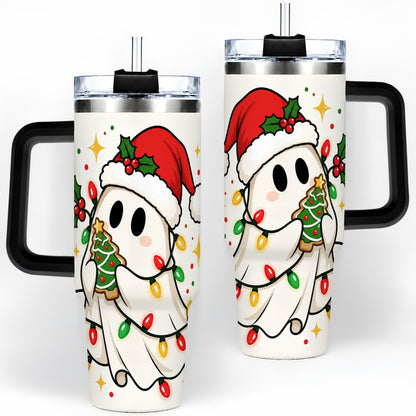 #pl[40oz|Black] Christmas Ghost 40oz Tumbler, Santa Hat Winter Lights Artwork