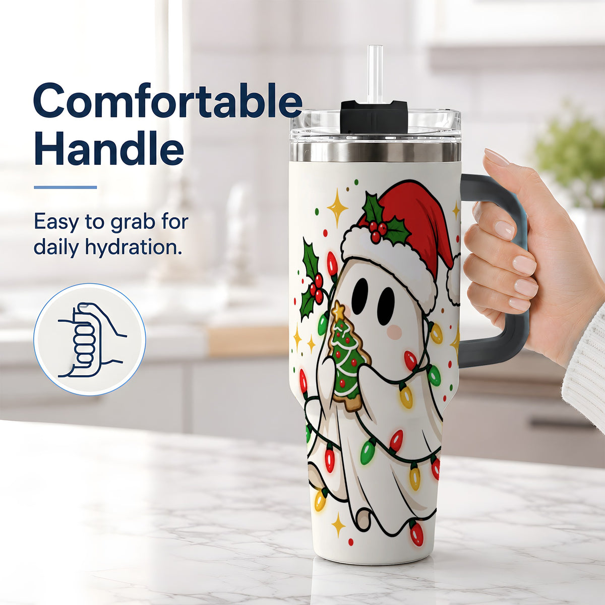 #pl[40oz|Black] Christmas Ghost 40oz Tumbler, Santa Hat Winter Lights Artwork