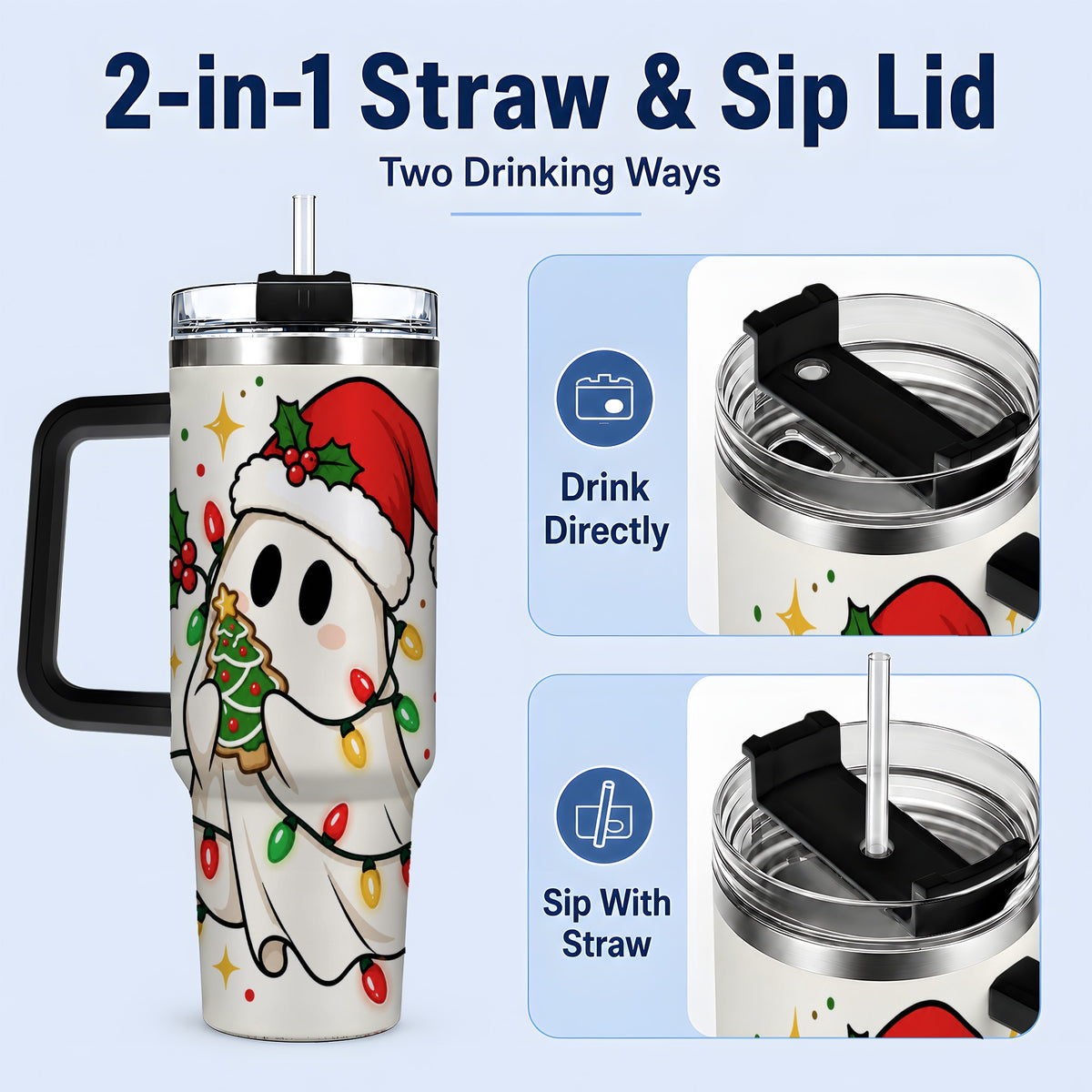 #pl[40oz|Black] Christmas Ghost 40oz Tumbler, Santa Hat Winter Lights Artwork