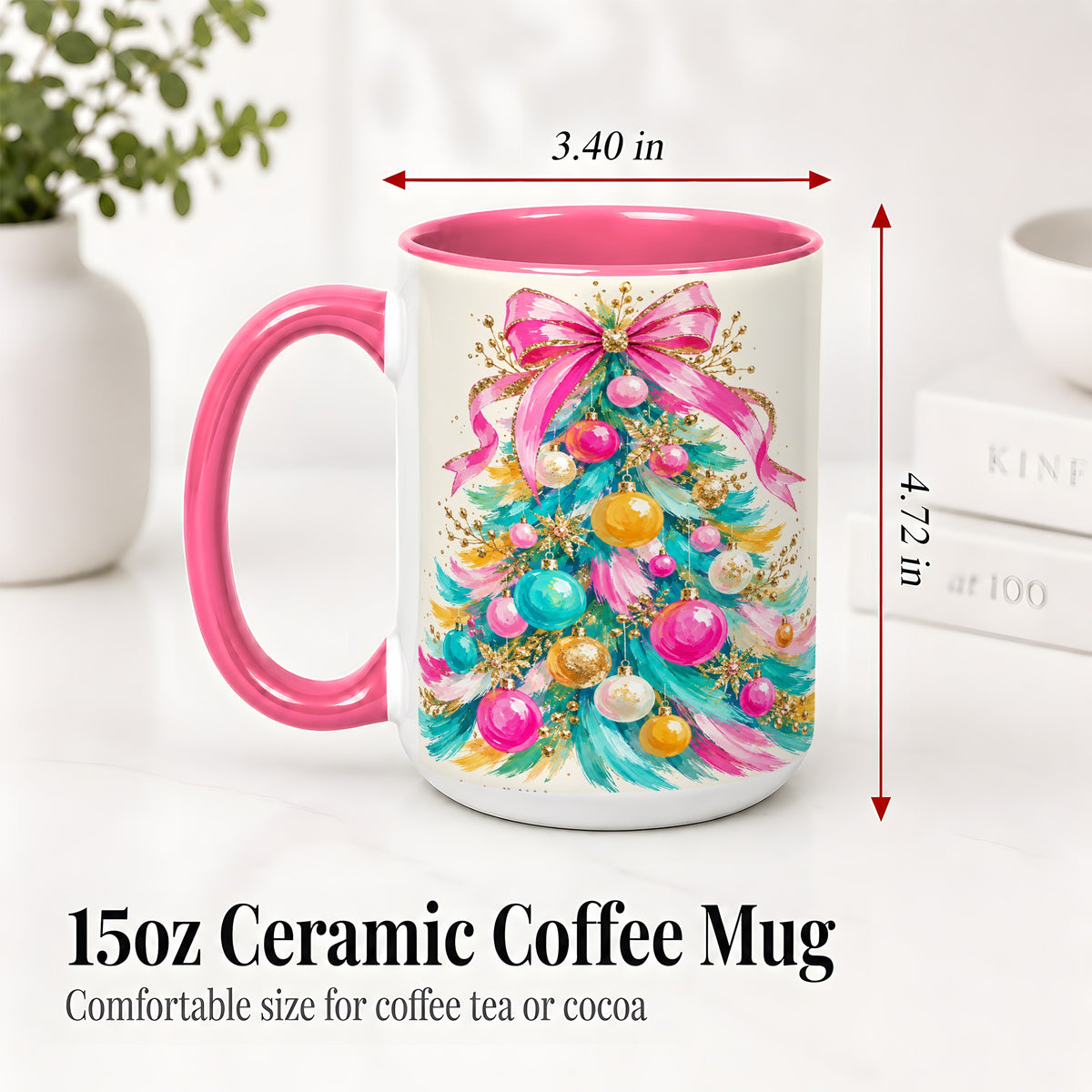 #pl[15oz|Pink] Pink Bow Christmas Tree Ceramic Mug, Colorful Holiday Artwork