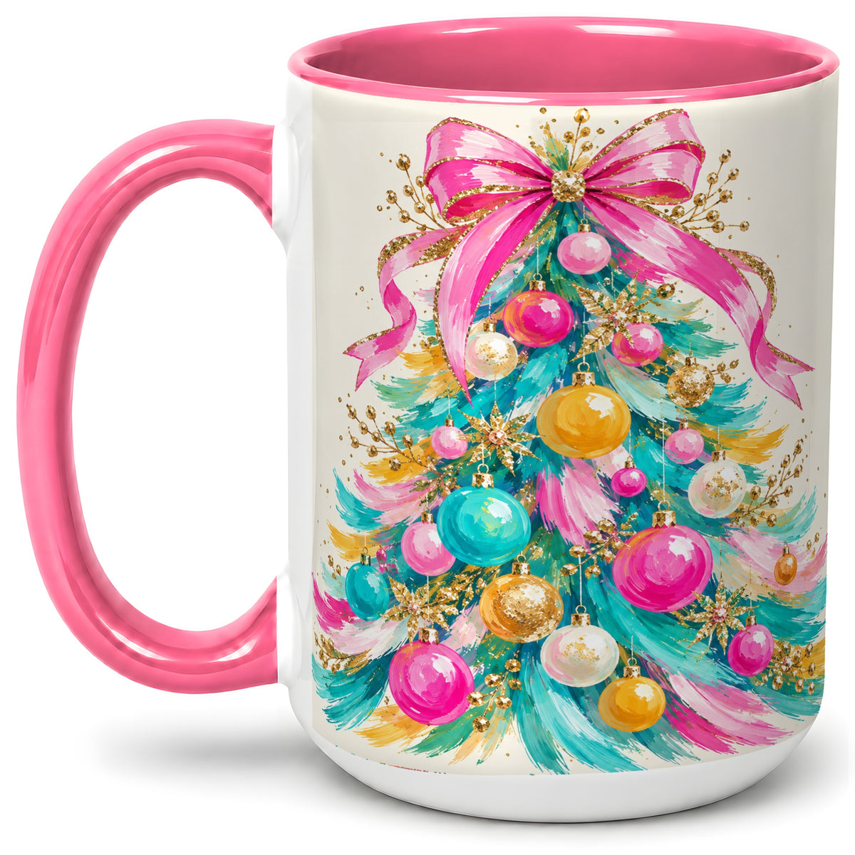 #pl[15oz|Pink] Pink Bow Christmas Tree Ceramic Mug, Colorful Holiday Artwork