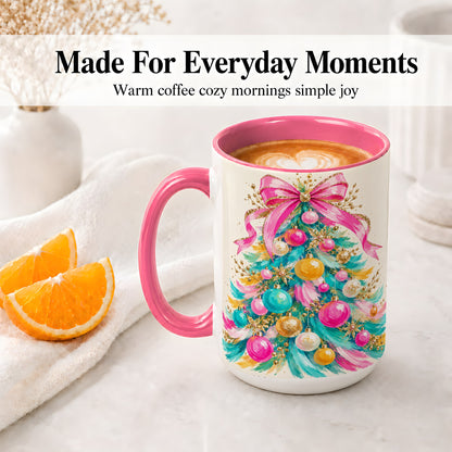 #pl[15oz|Pink] Pink Bow Christmas Tree Ceramic Mug, Colorful Holiday Artwork