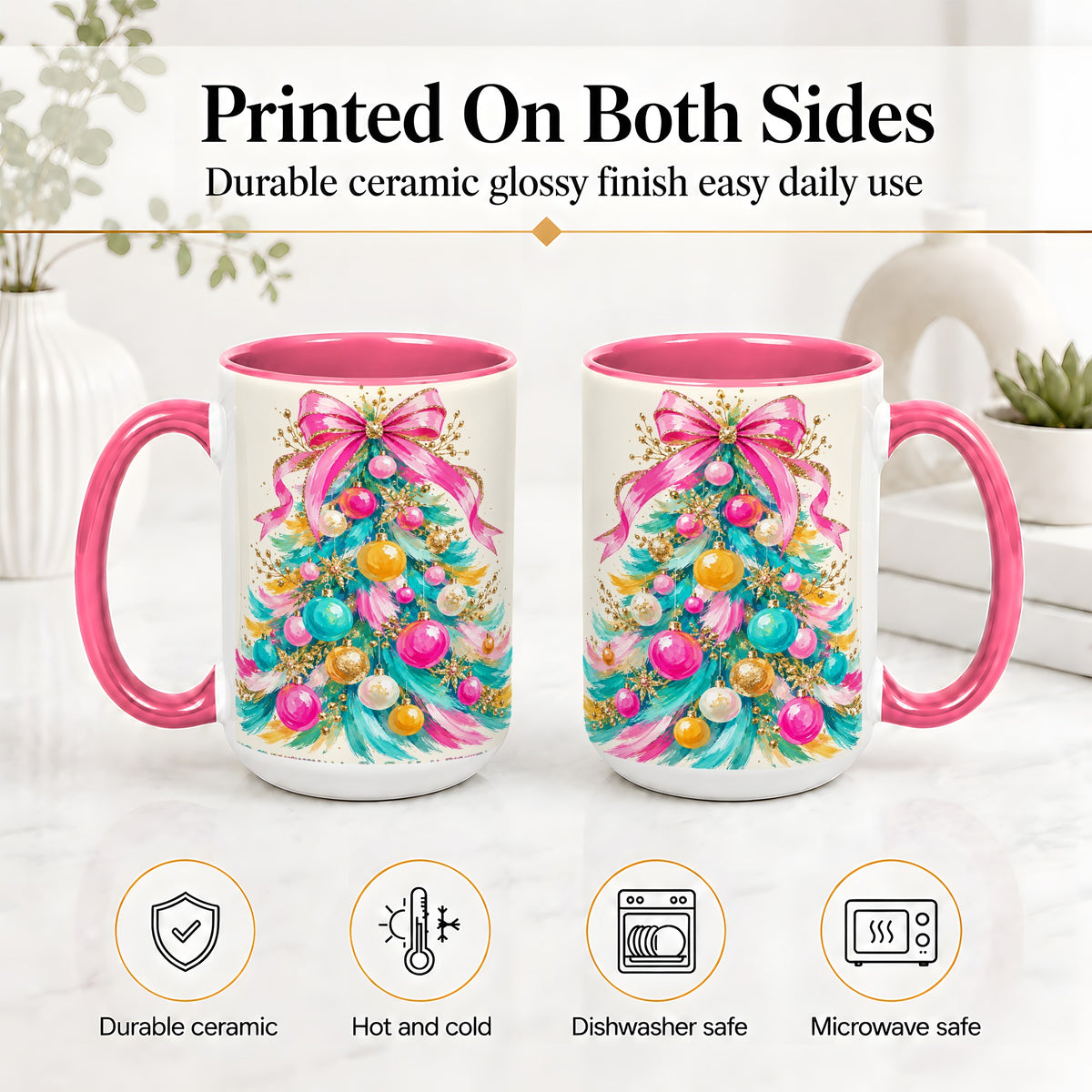 #pl[15oz|Pink] Pink Bow Christmas Tree Ceramic Mug, Colorful Holiday Artwork