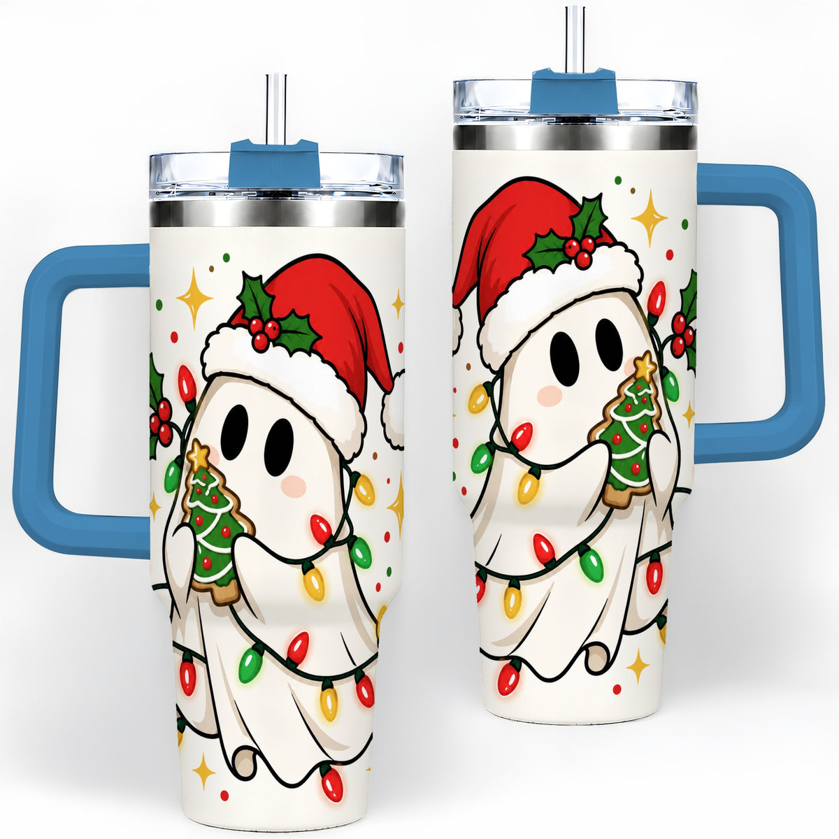 #pl[40oz|Blue] Christmas Ghost 40oz Tumbler, Santa Hat Winter Lights Artwork