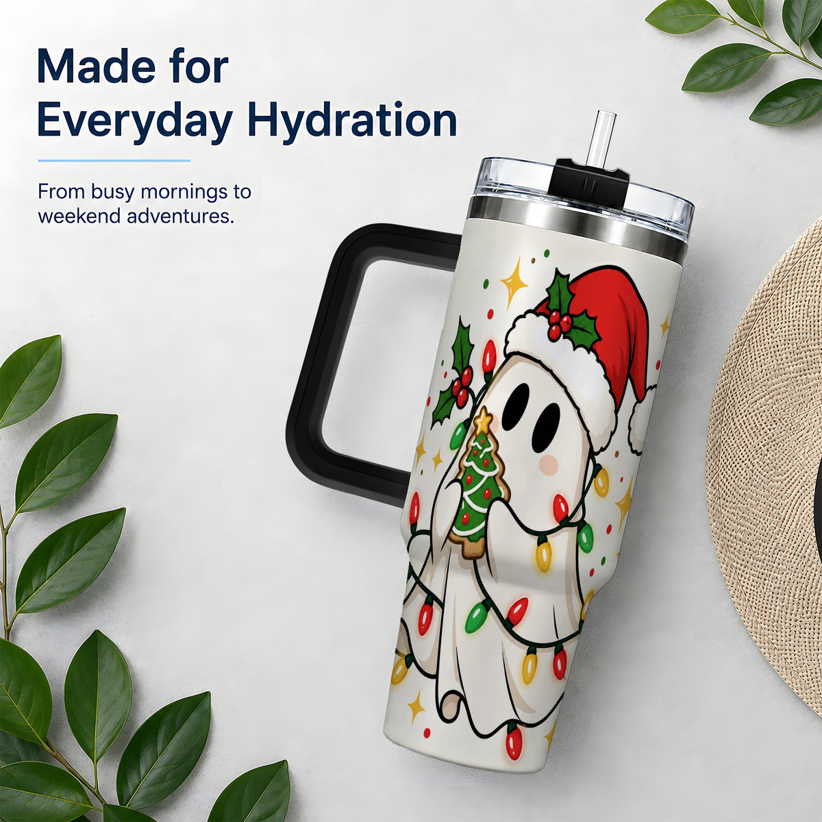 #pl[40oz|Black] Christmas Ghost 40oz Tumbler, Santa Hat Winter Lights Artwork