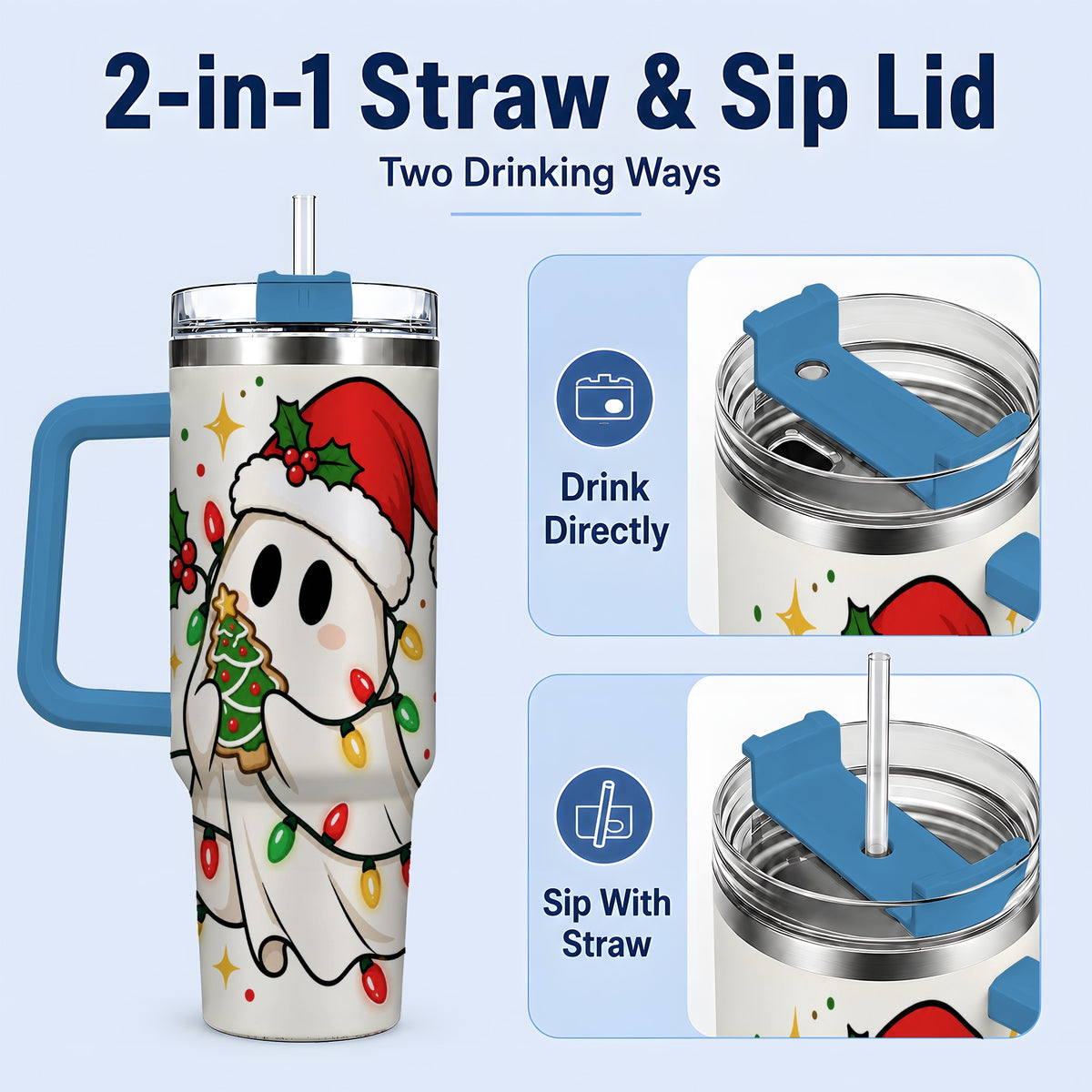 #pl[40oz|Blue] Christmas Ghost 40oz Tumbler, Santa Hat Winter Lights Artwork