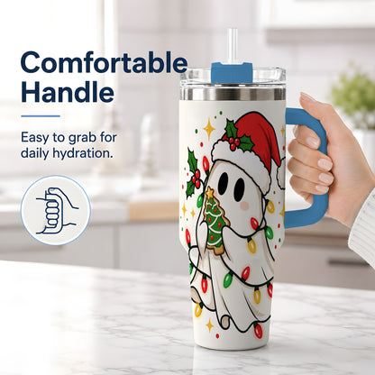 #pl[40oz|Blue] Christmas Ghost 40oz Tumbler, Santa Hat Winter Lights Artwork