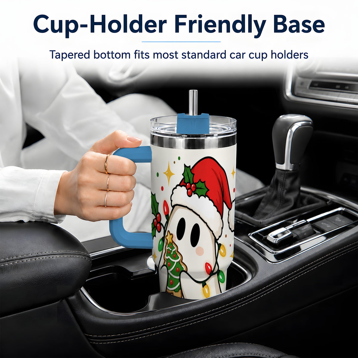 #pl[40oz|Blue] Christmas Ghost 40oz Tumbler, Santa Hat Winter Lights Artwork