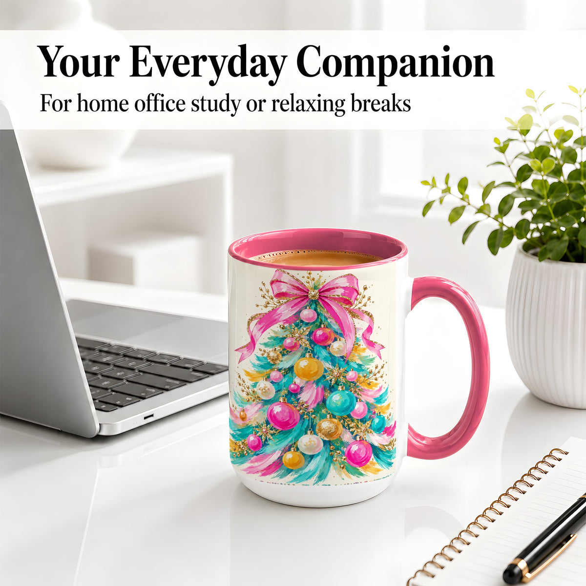 #pl[15oz|Pink] Pink Bow Christmas Tree Ceramic Mug, Colorful Holiday Artwork