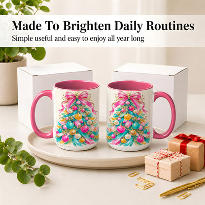 #pl[15oz|Pink] Pink Bow Christmas Tree Ceramic Mug, Colorful Holiday Artwork