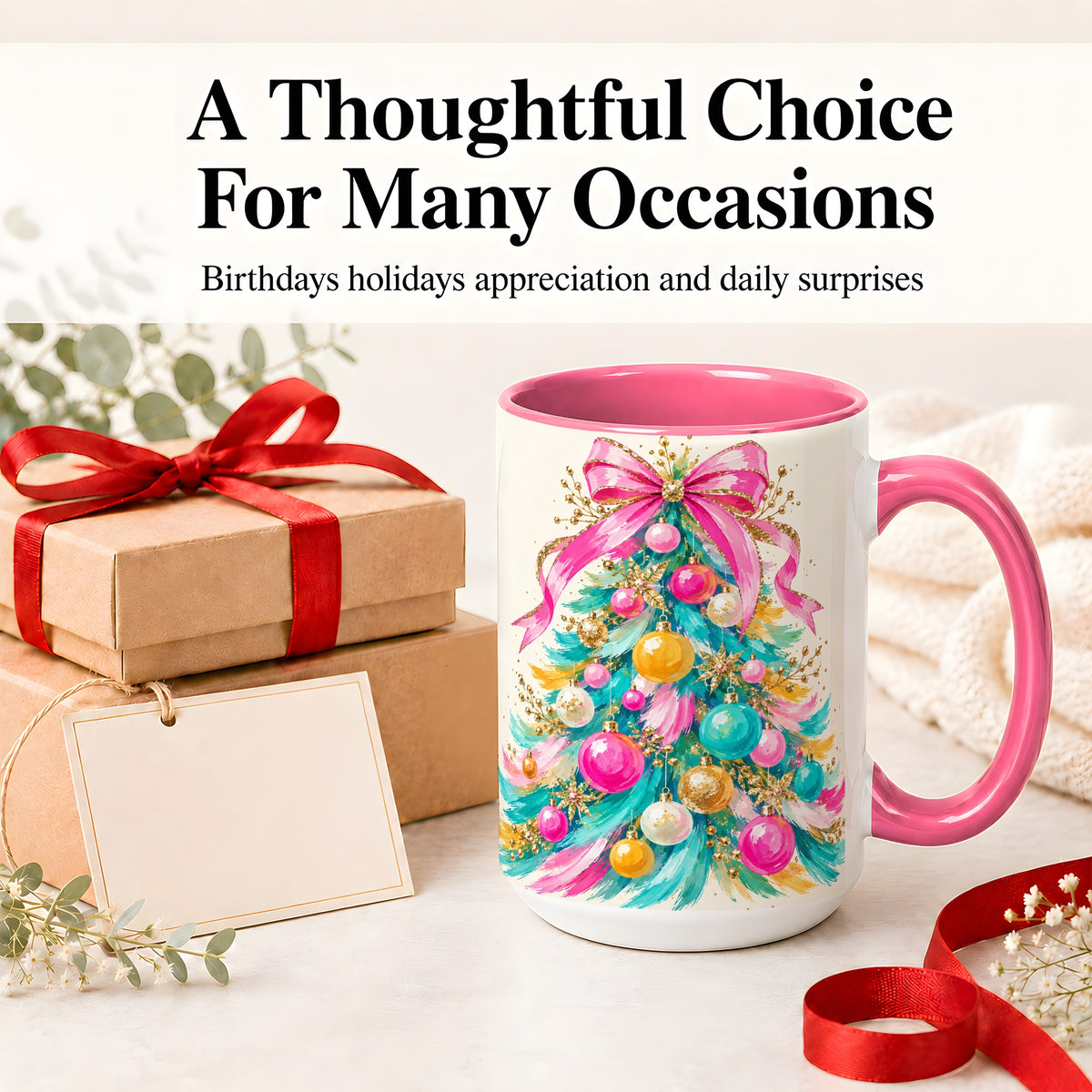 #pl[15oz|Pink] Pink Bow Christmas Tree Ceramic Mug, Colorful Holiday Artwork