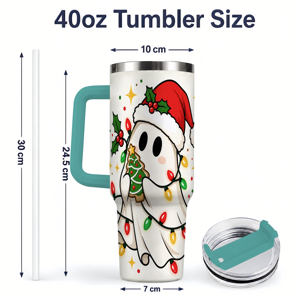 #pl[40oz|Green] Christmas Ghost 40oz Tumbler, Santa Hat Winter Lights Artwork