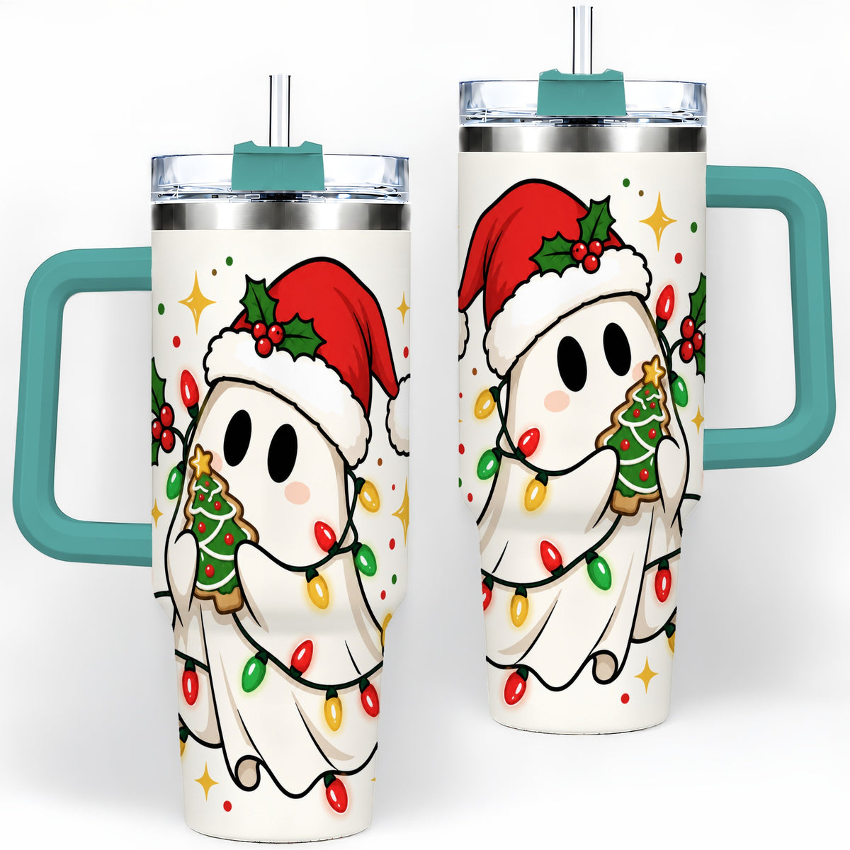 #pl[40oz|Green] Christmas Ghost 40oz Tumbler, Santa Hat Winter Lights Artwork